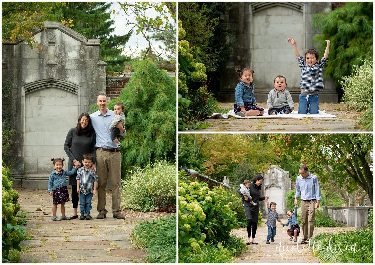 Family standing in walled garden at Mellon Park in Pittsburgh PA