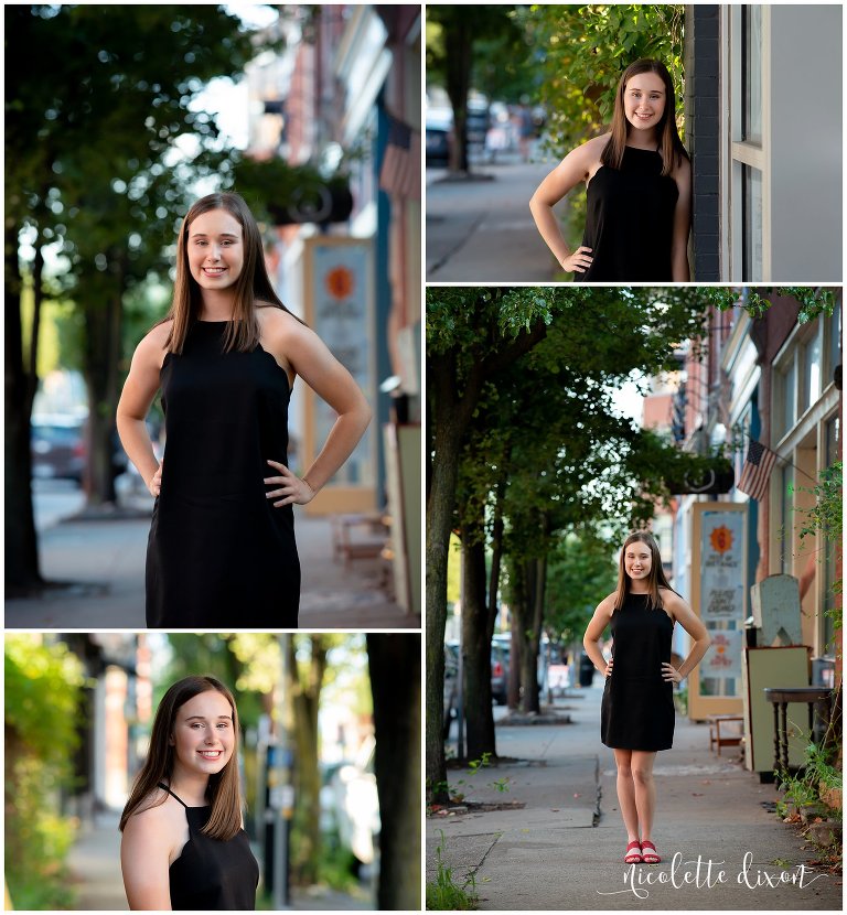 High school senior girl standing on the sidewalk in Lawrenceville near Pittsburgh