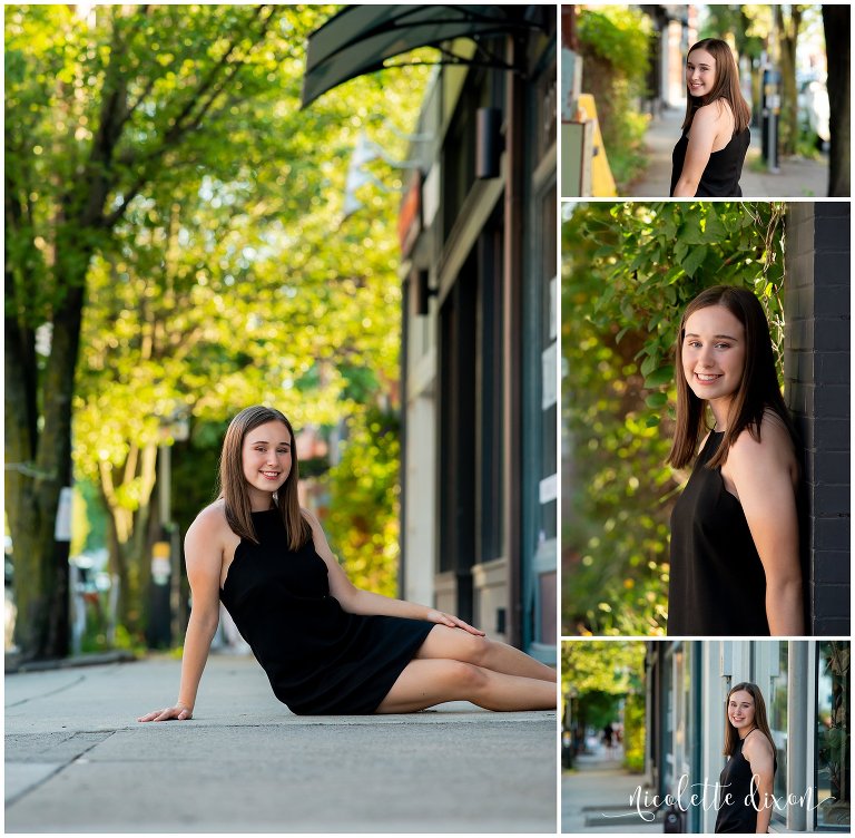 High school senior girl sitting on sidewalk in Lawrenceville near Pittsburgh
