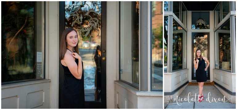 High school senior girl standing in front of store in Lawrenceville near Pittsburgh