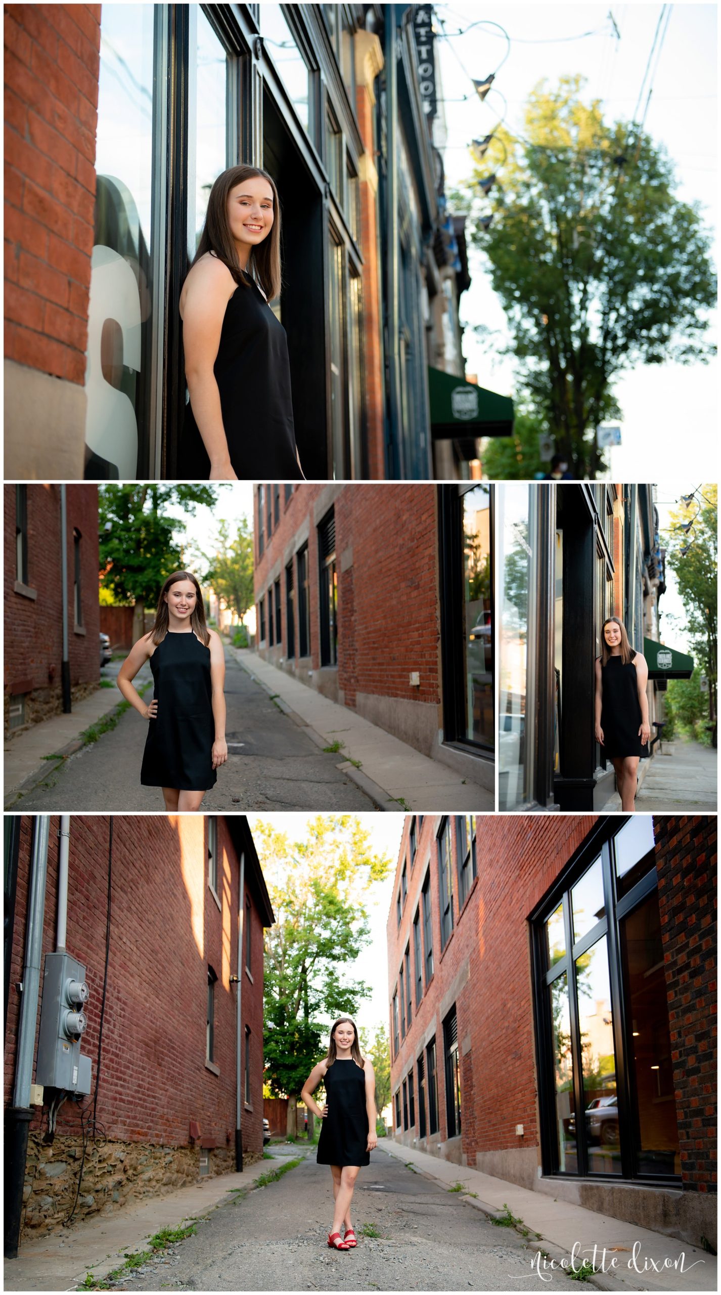 High school senior girl standing in alleyway in Lawrenceville near Pittsburgh