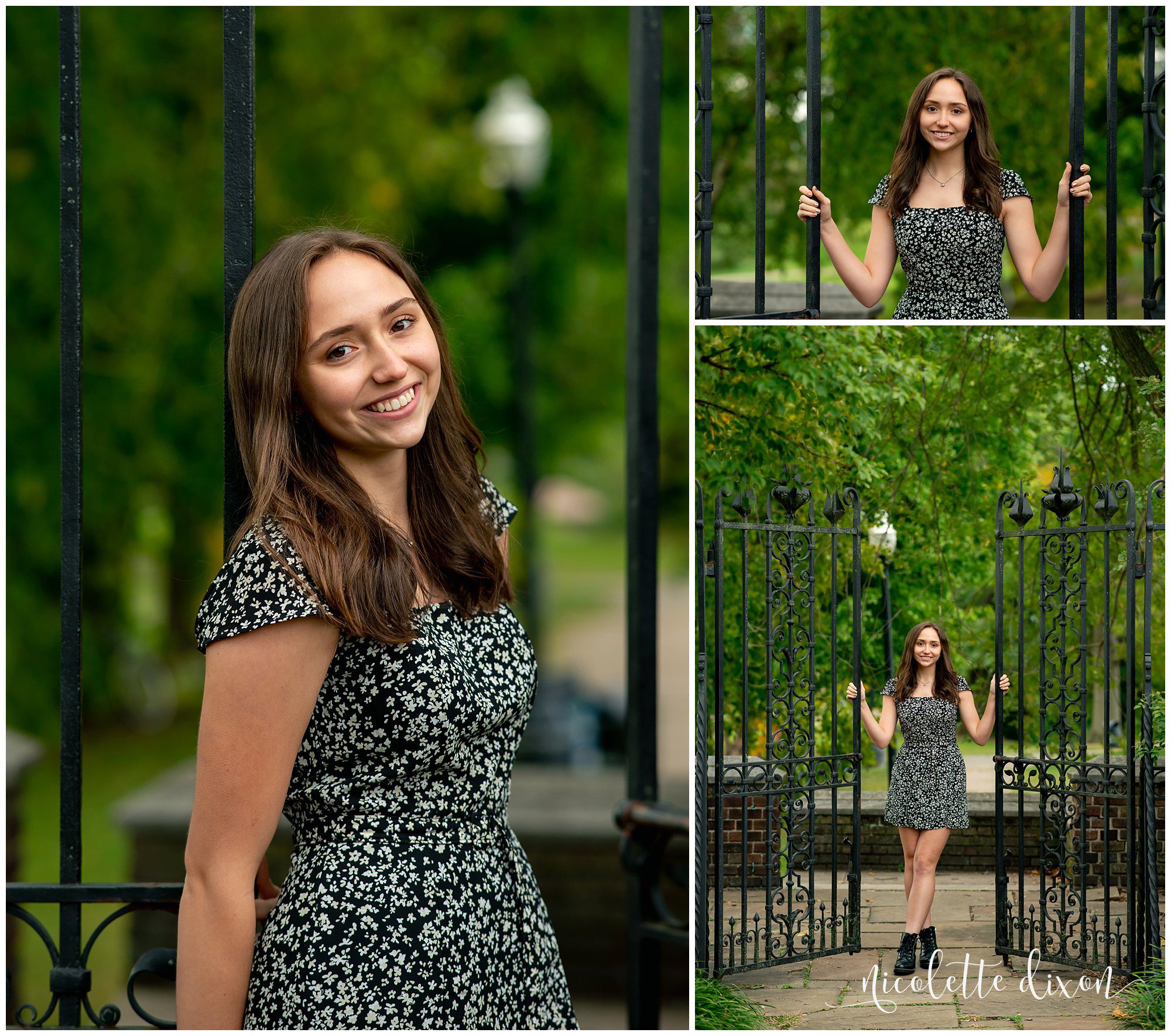 High school senior girl standing in front of gate at Mellon Park near Pittsburgh