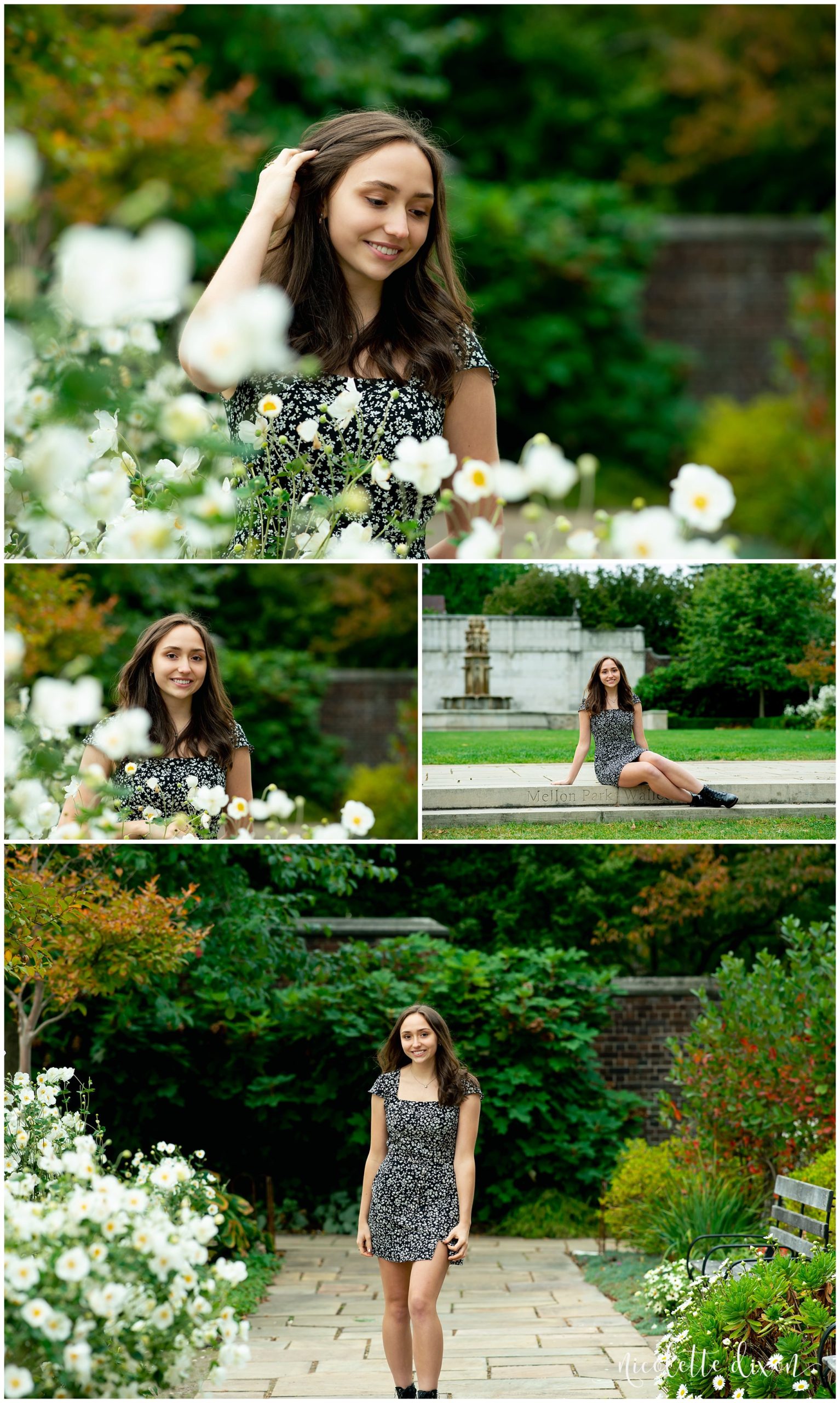 High school senior girl standing behind white flowers at Mellon Park near Pittsburgh