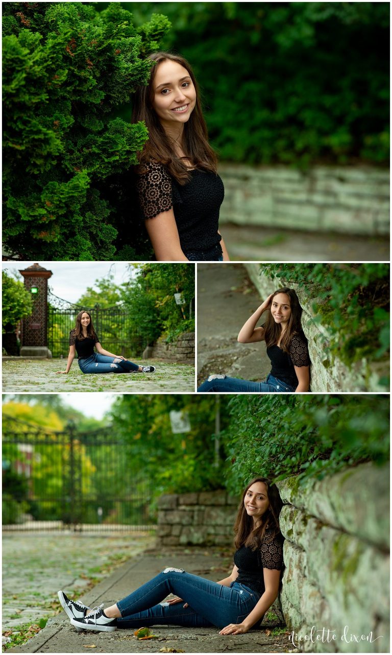 High School Senior Girl Sitting on Sidewalk in Mellon Park Near Pittsburgh