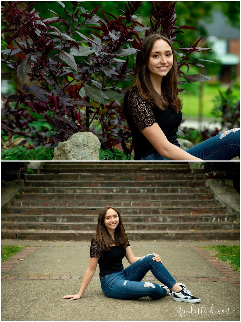 High School Senior Girl Sitting in Front of Steps in Mellon Park Near Pittsburgh