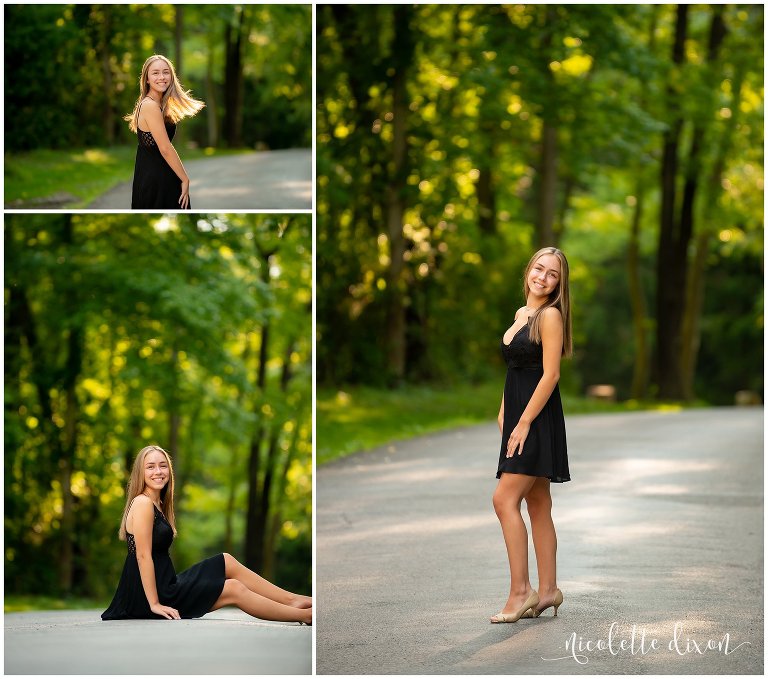 High school senior girl standing on road at Sewickley Heights Borough Park near Pittsburgh