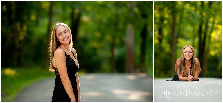 High School Senior Girl Wearing Black Dress on Road at Sewickley Heights Borough Park Near Pittsburgh