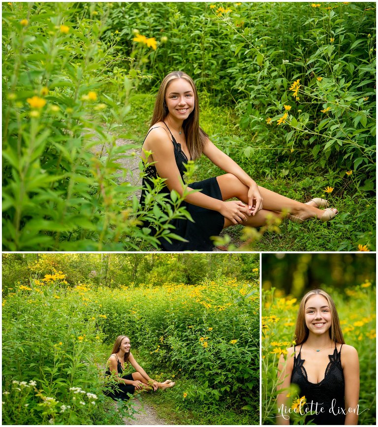 High School Senior Girl Sitting in Field of Yellow Flowers at Sewickley Heights Borough Park Near Pittsburgh