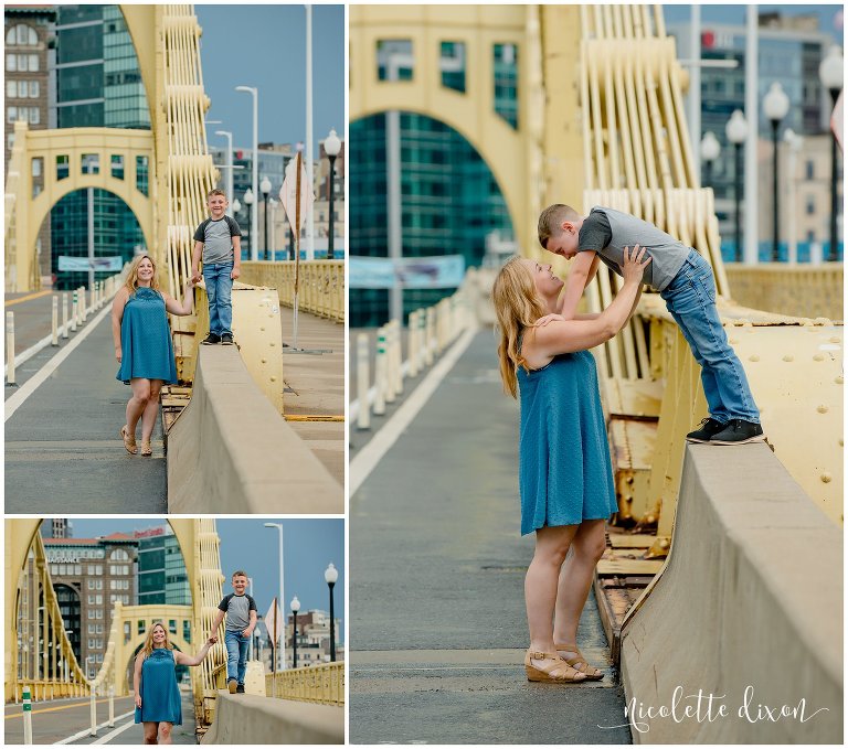 Mom Looking at Son on Roberto Clemente Bridge in Downtown Pittsburgh