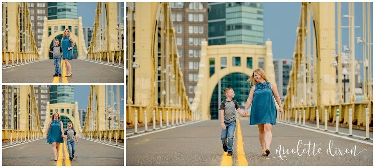 Mom Walking with Son on Roberto Clemente Bridge in Downtown Pittsburgh