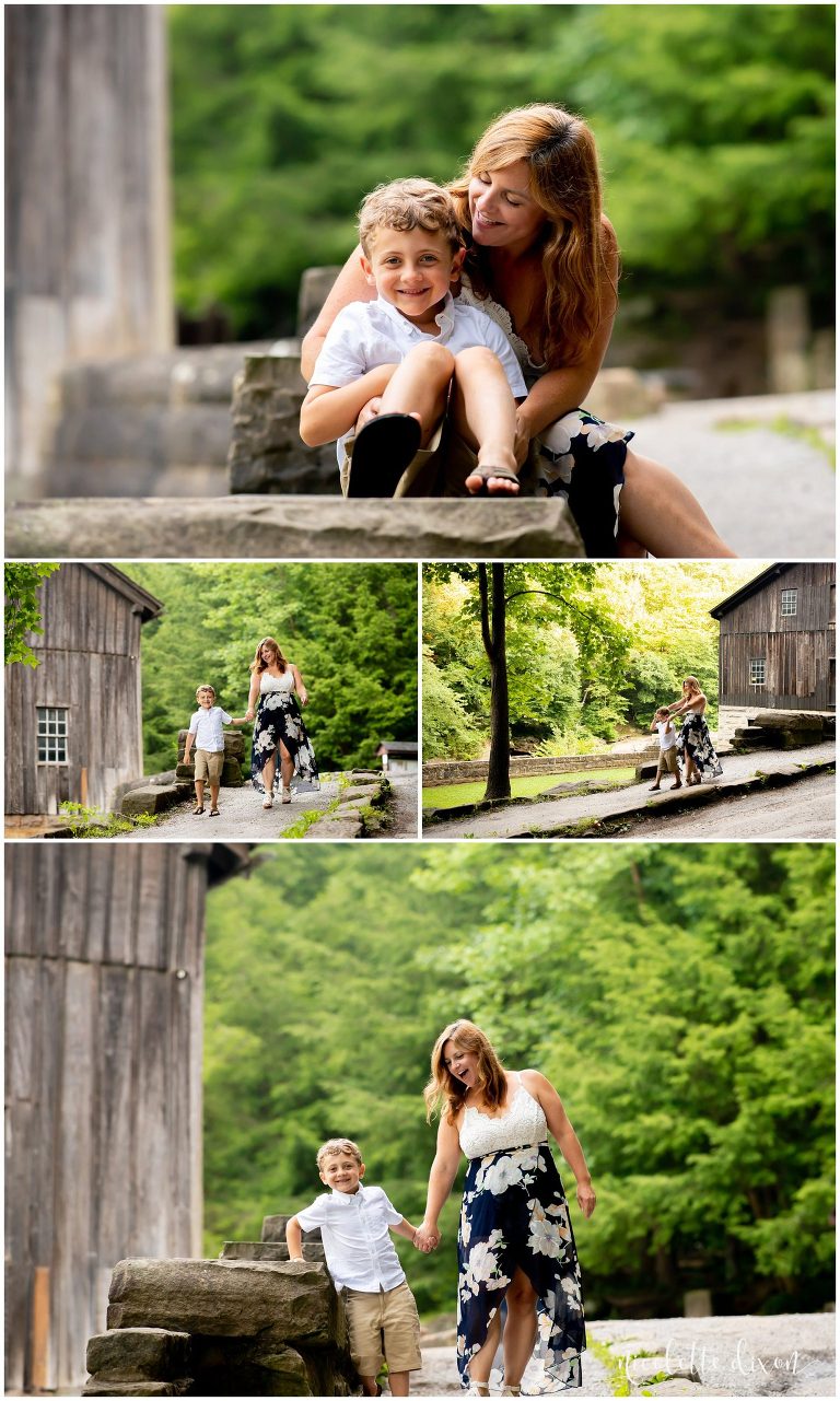 Mom walking with son in front of mill at McConnells Mill State Park near Pittsburgh
