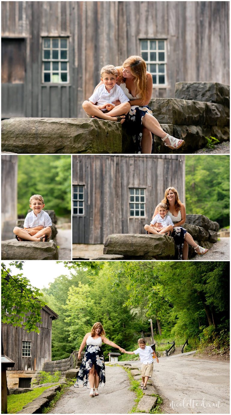 Mom sitting next to son in front of mill at McConnells Mill State Park near Pittsburgh