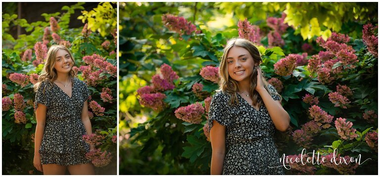 High School Senior Girl Standing in Front of Pink Flowers at Mellon Park near Pittsburgh