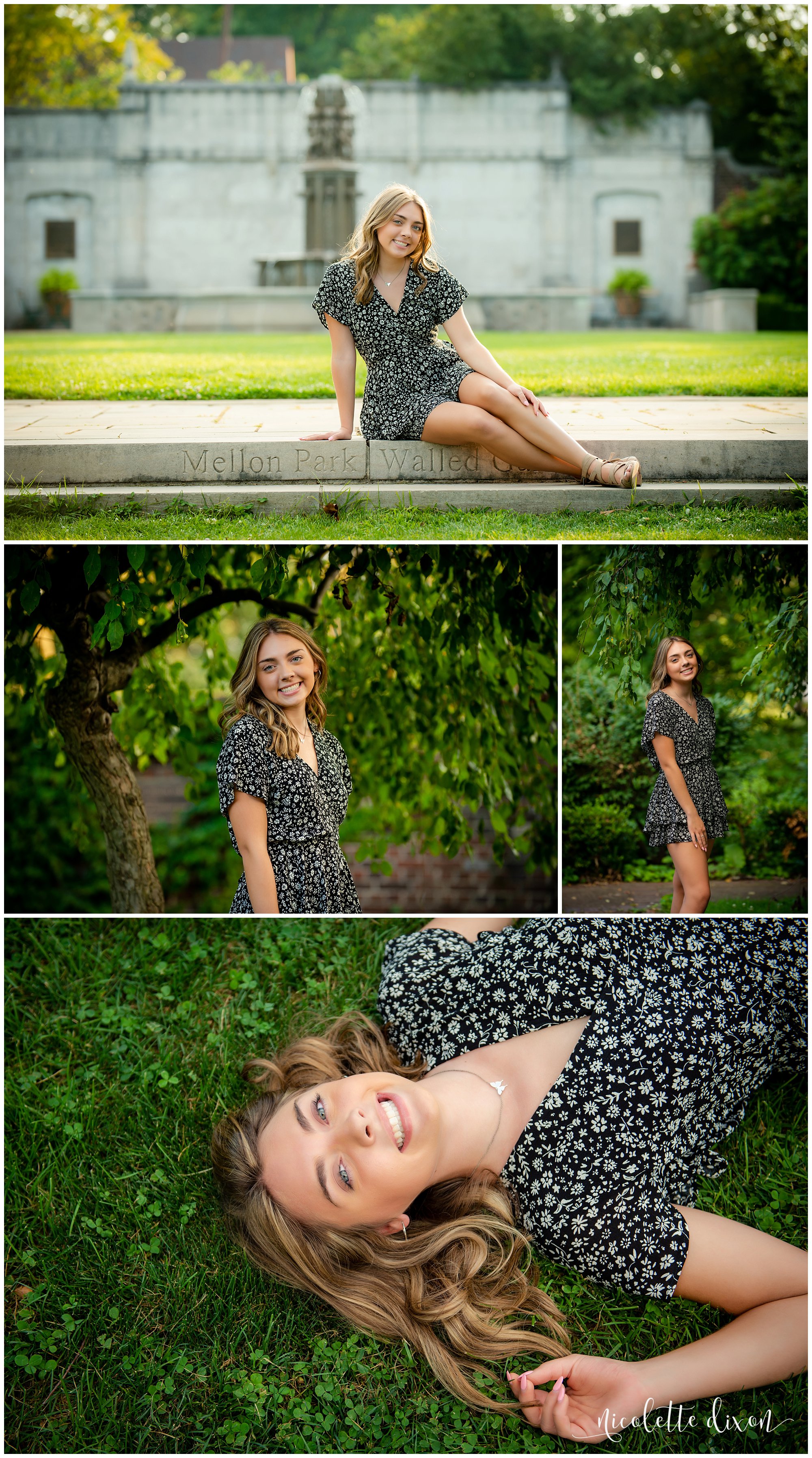 High School Senior Girl Sitting on Steps in front of Fountain at Mellon Park near Pittsburgh