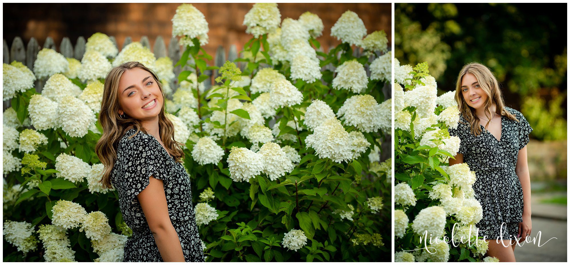 High School Senior Girl Standing in Front of White Flowers at Mellon Park near Pittsburgh