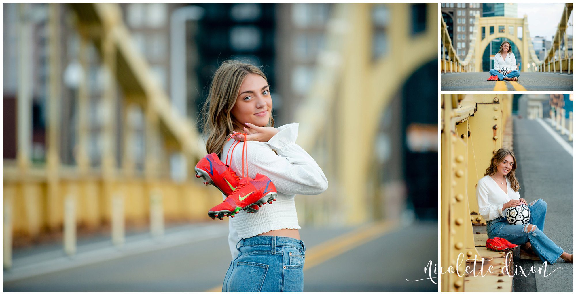 High School Senior Girl Holding Soccer Shoes Over Her Shoulder on the Roberto Clemente Bridge in Downtown Pittsburgh