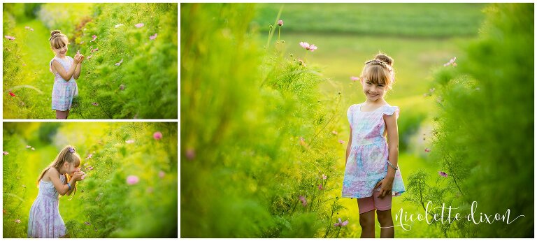 Little girl standing next to flowers in Simons Farm in McMurray near Pittsburgh PA