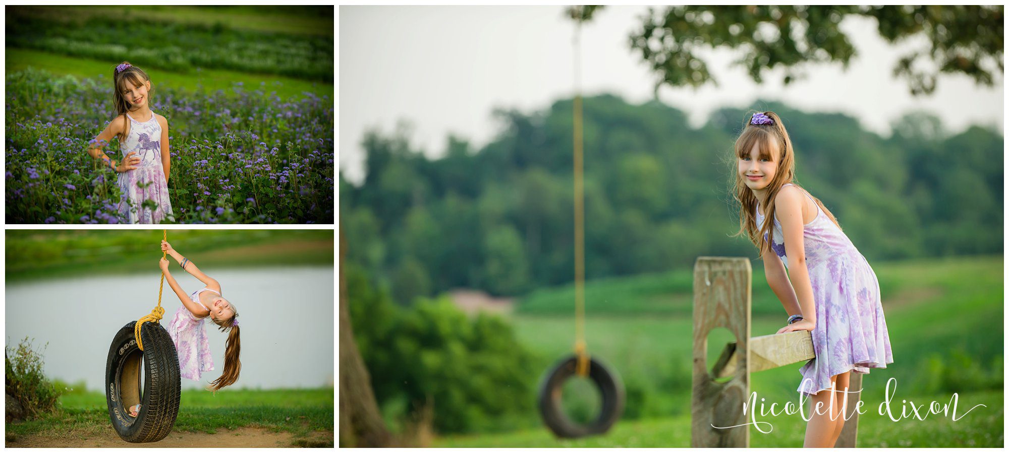 Little girl standing on fence next to tire swing at Simmons Farm in McMurray near Pittsburgh PA