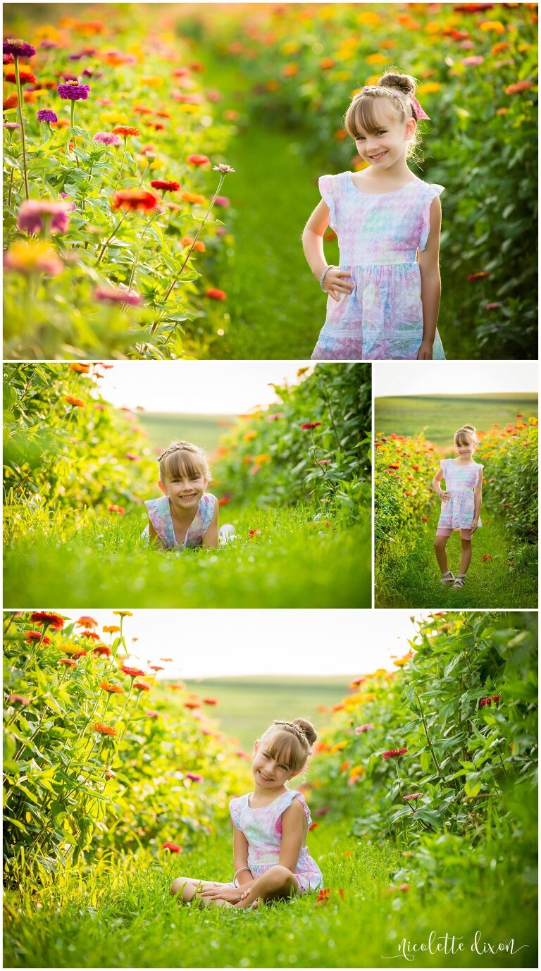 Little girl standing in flower field at Simmons Farm in McMurray near Pittsburgh PA