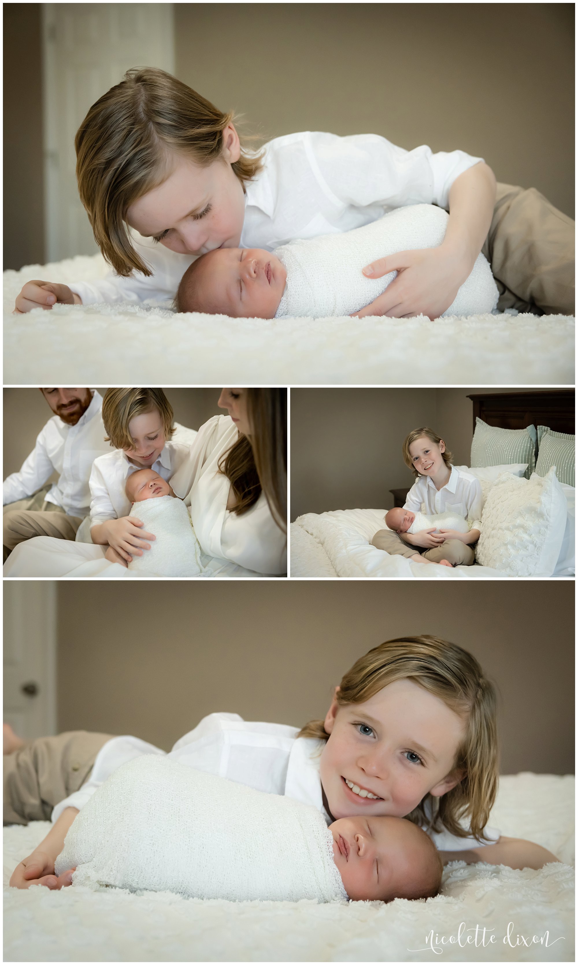 Brother Kissing Newborn Baby Boy on Bed in Home in Cranberry Township near Pittsburgh