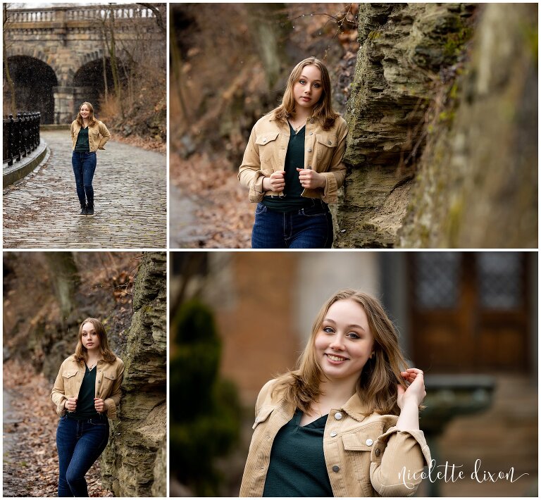 High School Senior Girl Standing on Path in Front of Panther Hollow Bridge in Schenley Park in Pittsburgh