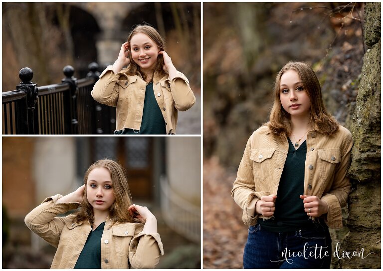 High School Senior Girl Standing on Path in Front of Panther Hollow Bridge in Schenley Park in Pittsburgh