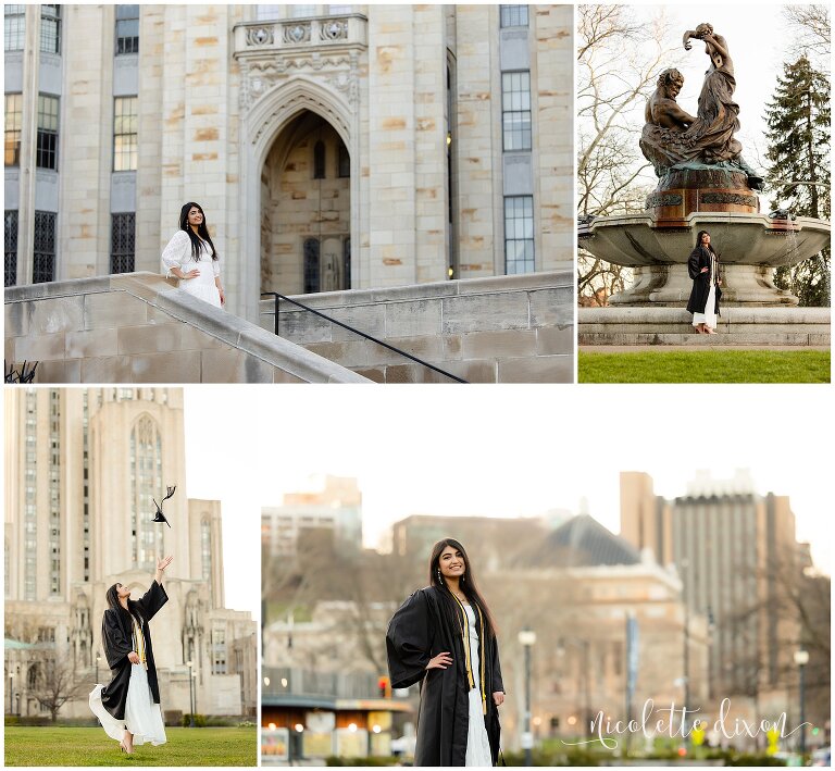 College graduate taking pictures in graduation gown by Cathedral of Learning at University of Pittsburgh campus