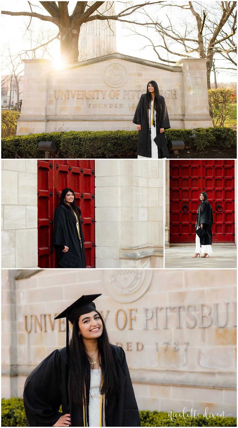 College graduate taking pictures in graduation gown by University of Pittsburgh campus sign