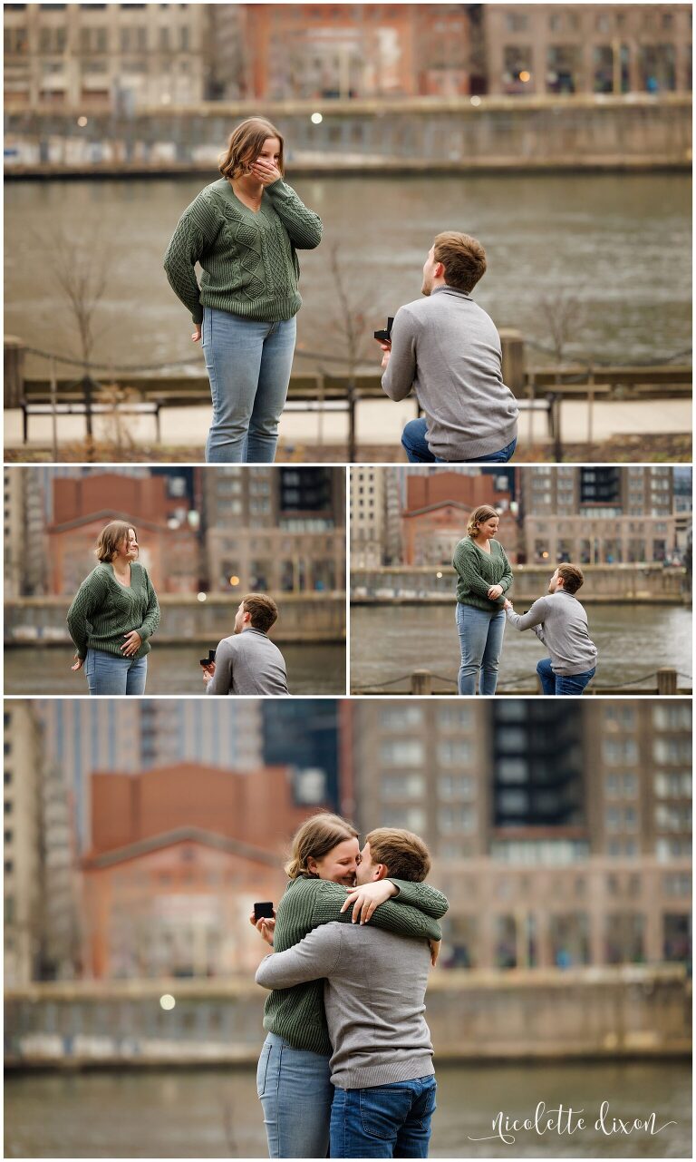 Man proposing to girlfriend on the North Shore in downtown Pittsburgh PA