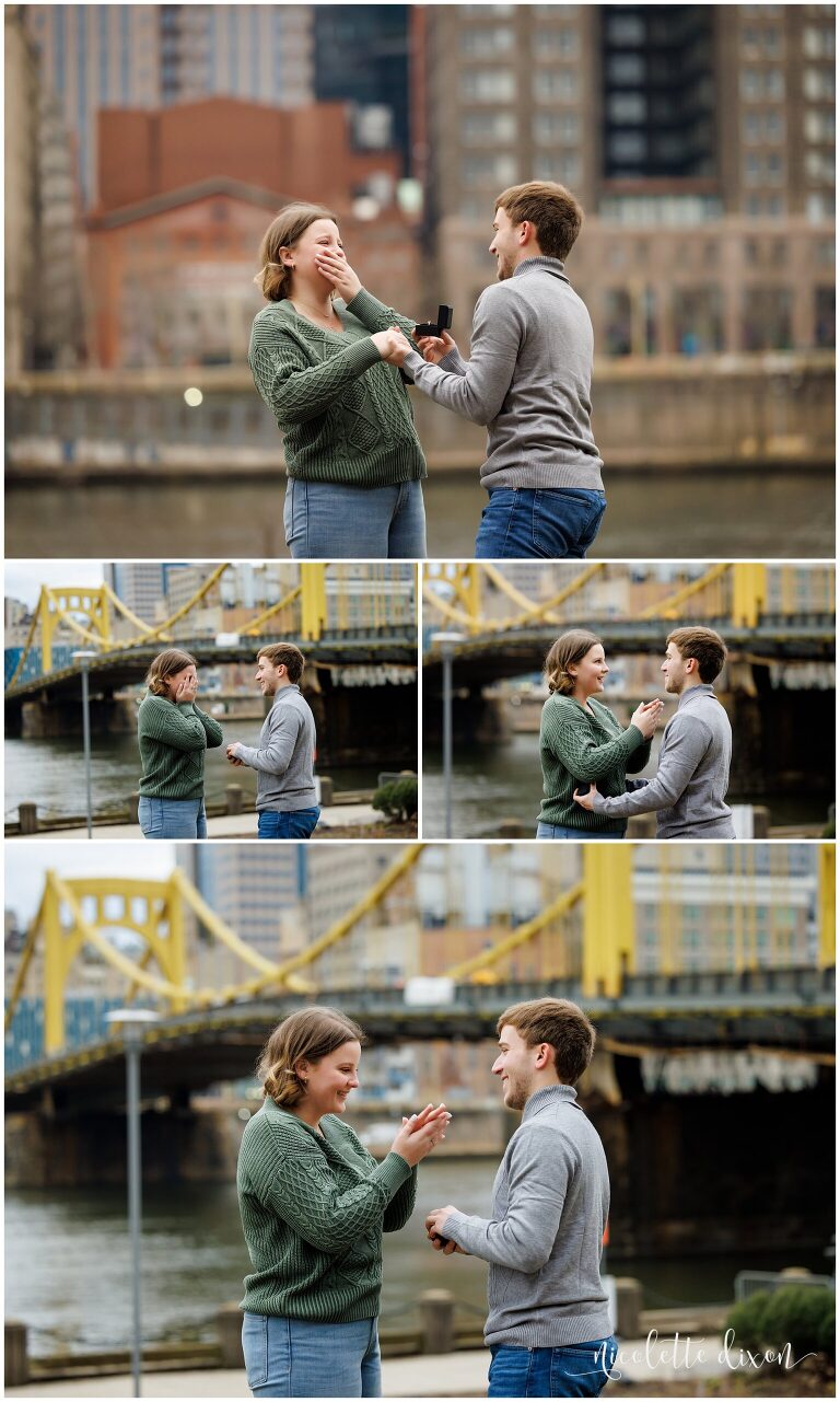 Man proposing to a woman on the North Shore in downtown Pittsburgh PA