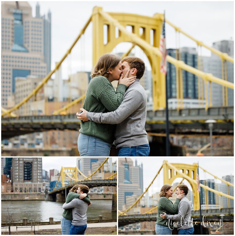 Couple Kissing in front of Roberto Clemente Bridge in Downtown Pittsburgh PA
