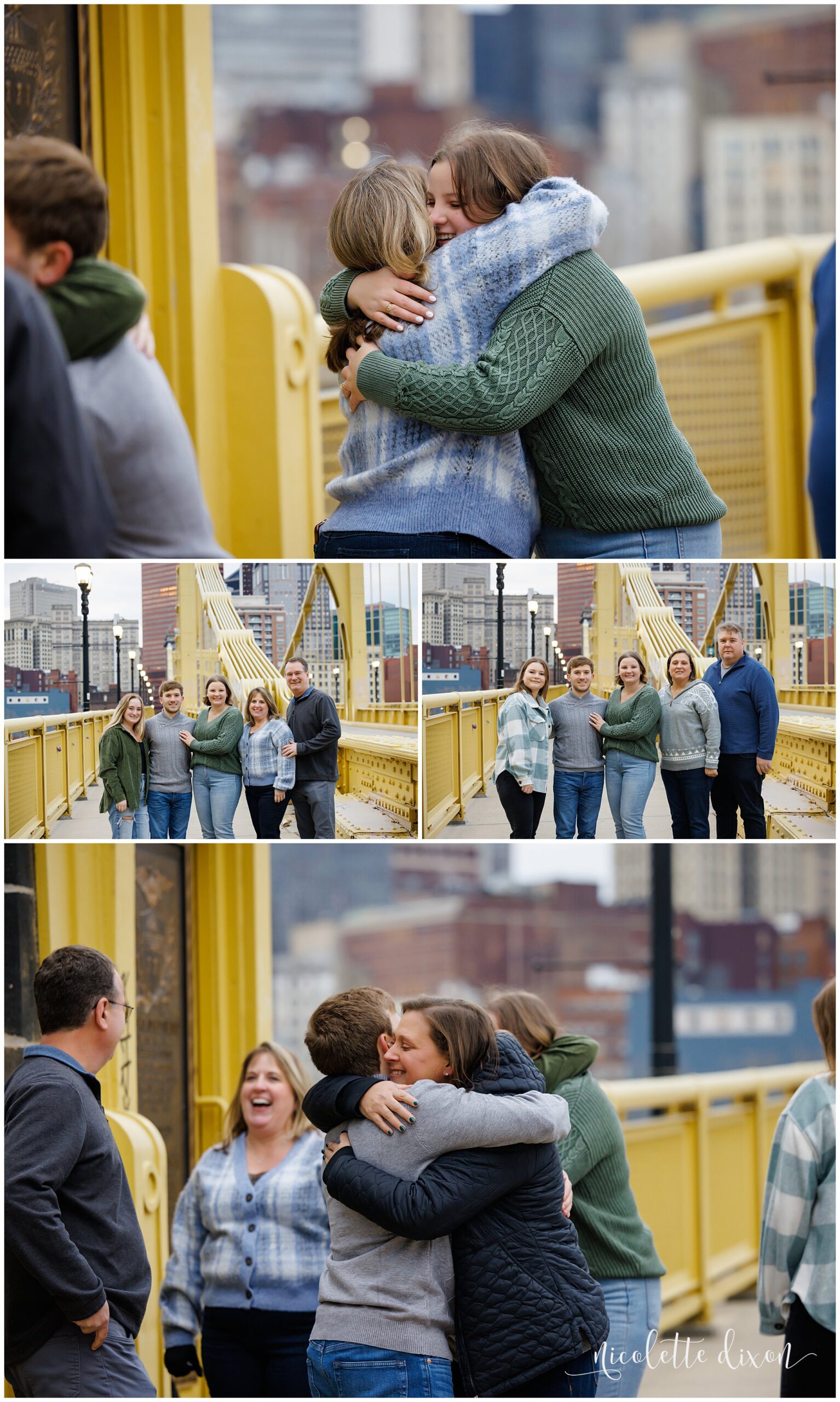 Family Hugging Engaged Couple on Bridge in Downtown Pittsburgh PA