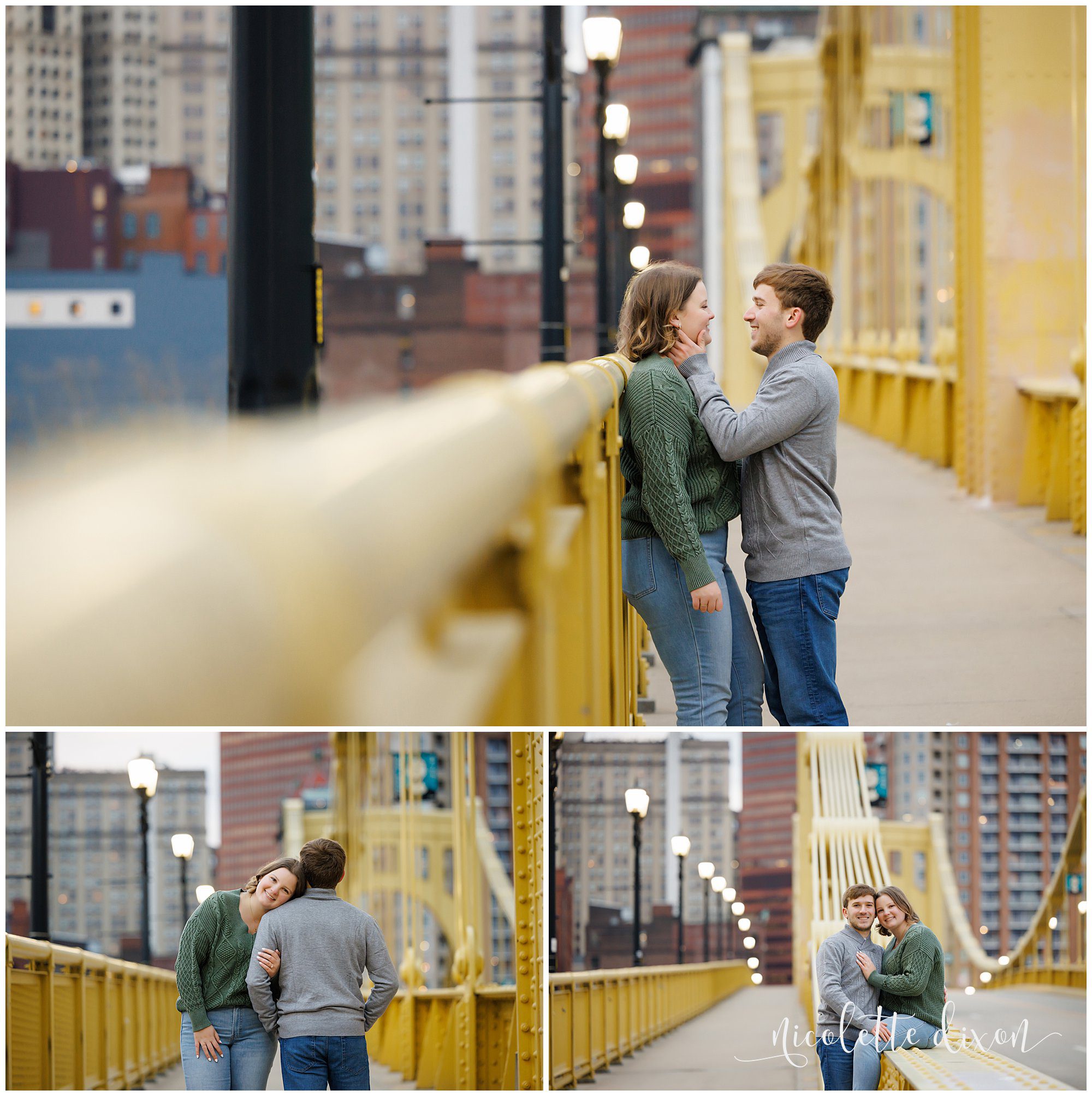 Engaged Couple Looking at Each Other on Bridge in Downtown Pittsburgh PA