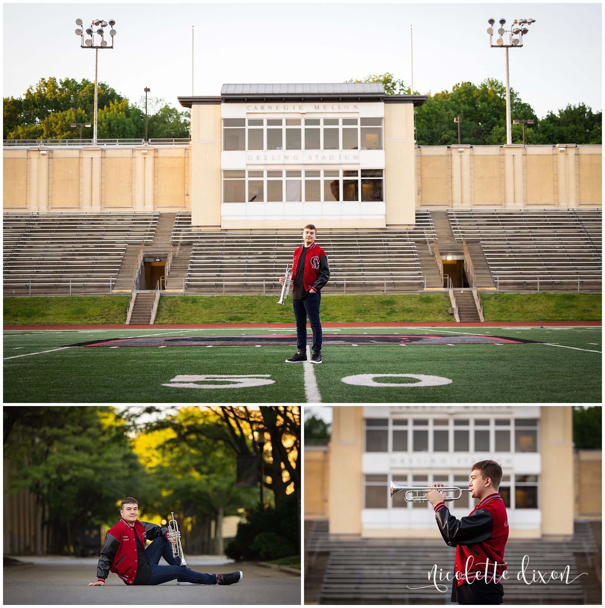 College Graduate Standing in the Middle of the Football Field at Carnegie Mellon University in Pittsburgh