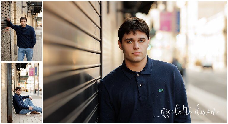 High School Senior Boy Leaning up Against Wall in Downtown Pittsburgh