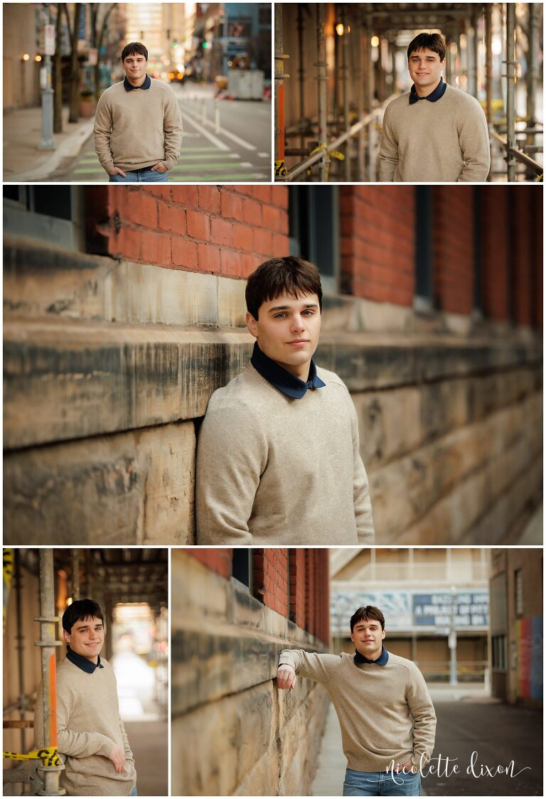 High School Senior Boy Standing Against Stone Building in Downtown Pittsburgh
