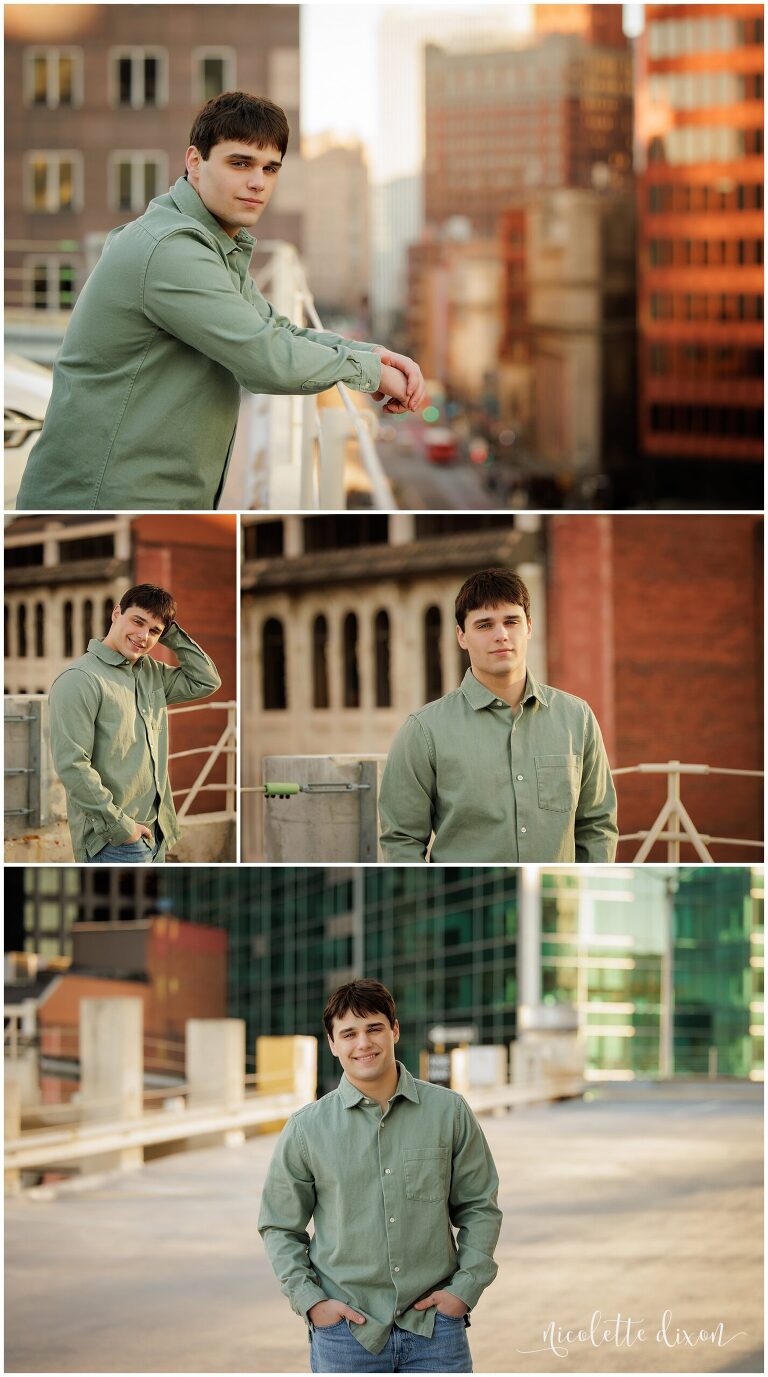 High School Senior Boy Leaning Against Railing in Downtown Pittsburgh