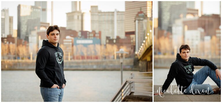 High School Senior Boy Standing in Front of City Skyline in Downtown Pittsburgh