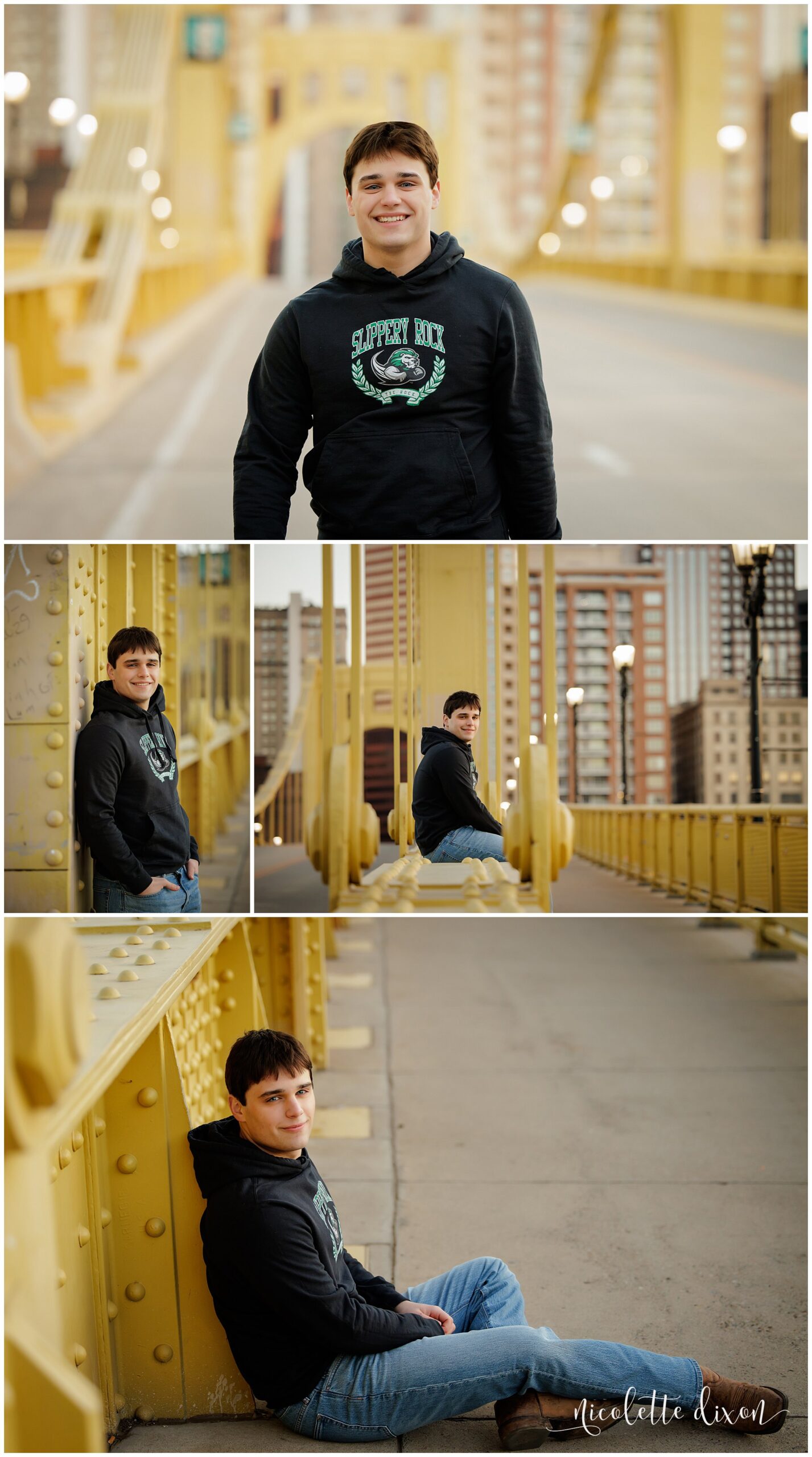 High School Senior Boy Standing in the Middle of the Andy Warhol Bridge in Downtown Pittsburgh
