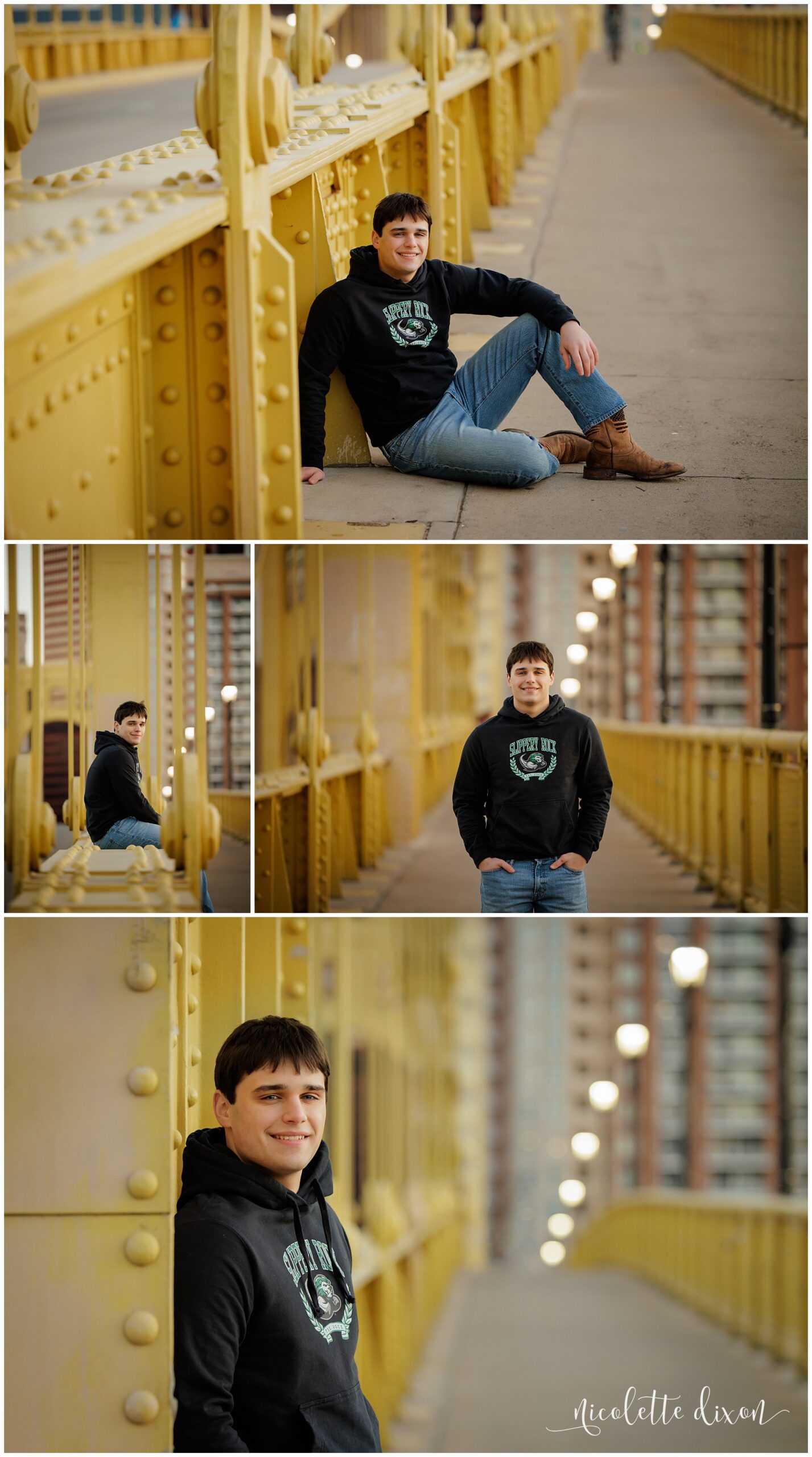 High School Senior Boy Sitting on the Andy Warhol Bridge in Downtown Pittsburgh