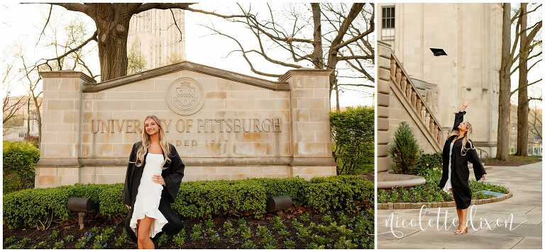 College graduate standing in front of sign for the University of Pittsburgh 