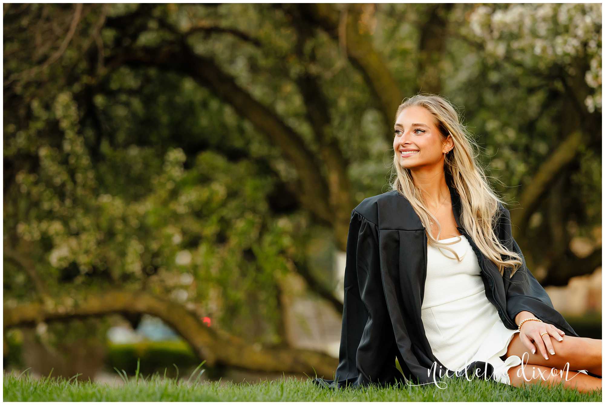 College graduate sitting in front of tree with white blossoms at the University of Pittsburgh