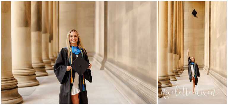 College grad standing in the columns at the Mellon Institute Library