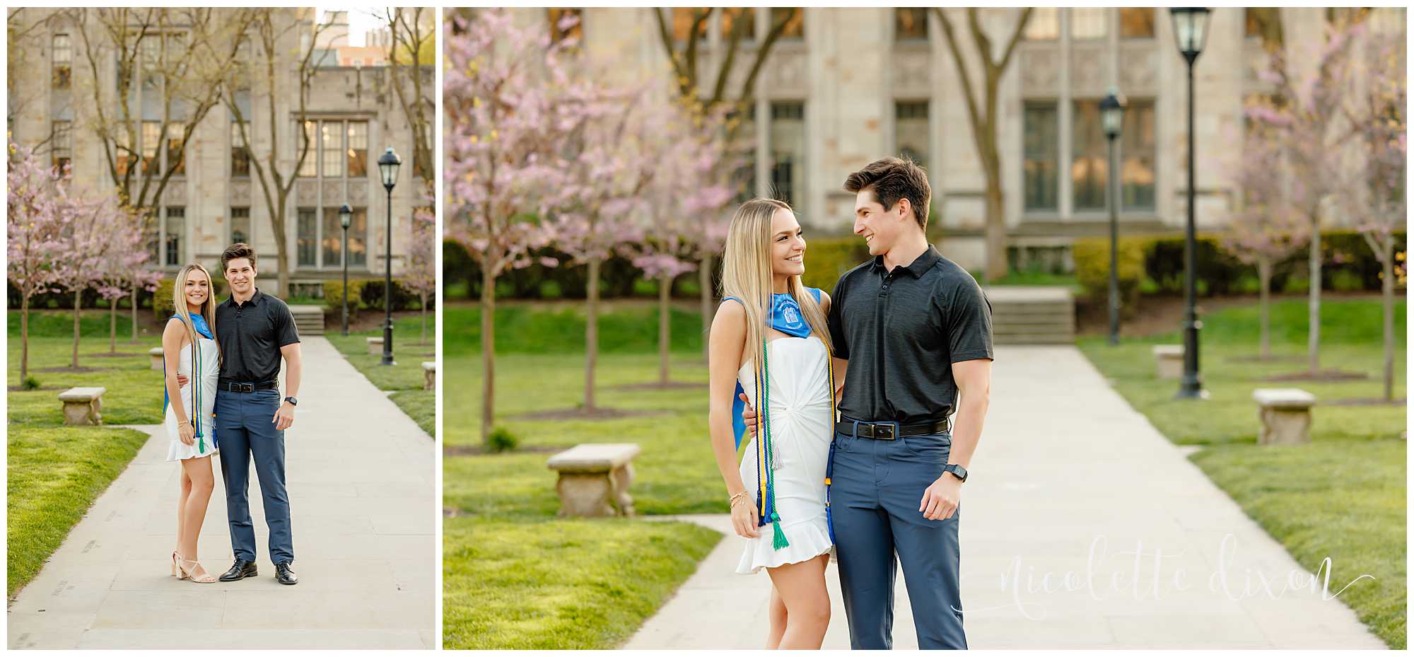 College grad standing with boyfriend in front of the Cathedral of Learning at the University of Pittsburgh