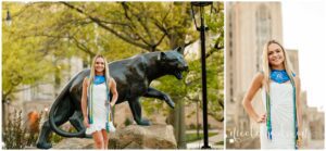 College grad standing next to Roc the Panther at the University of Pittsburgh