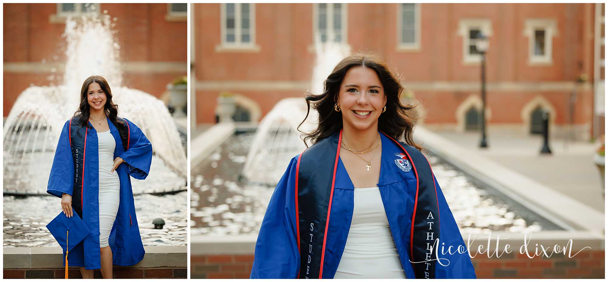 College Graduate Walking in Front of Fountain on Duquesne University Campus in Pittsburgh