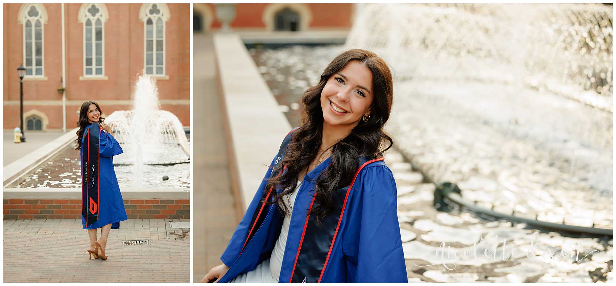 College Graduate sitting next to Fountain on Duquesne University Campus in Pittsburgh