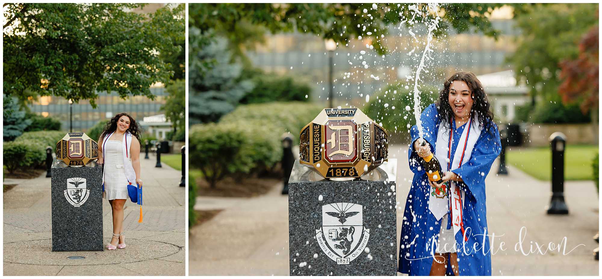 College Graduates Opening Champagne next to Ring on Duquesne University Campus in Pittsburgh