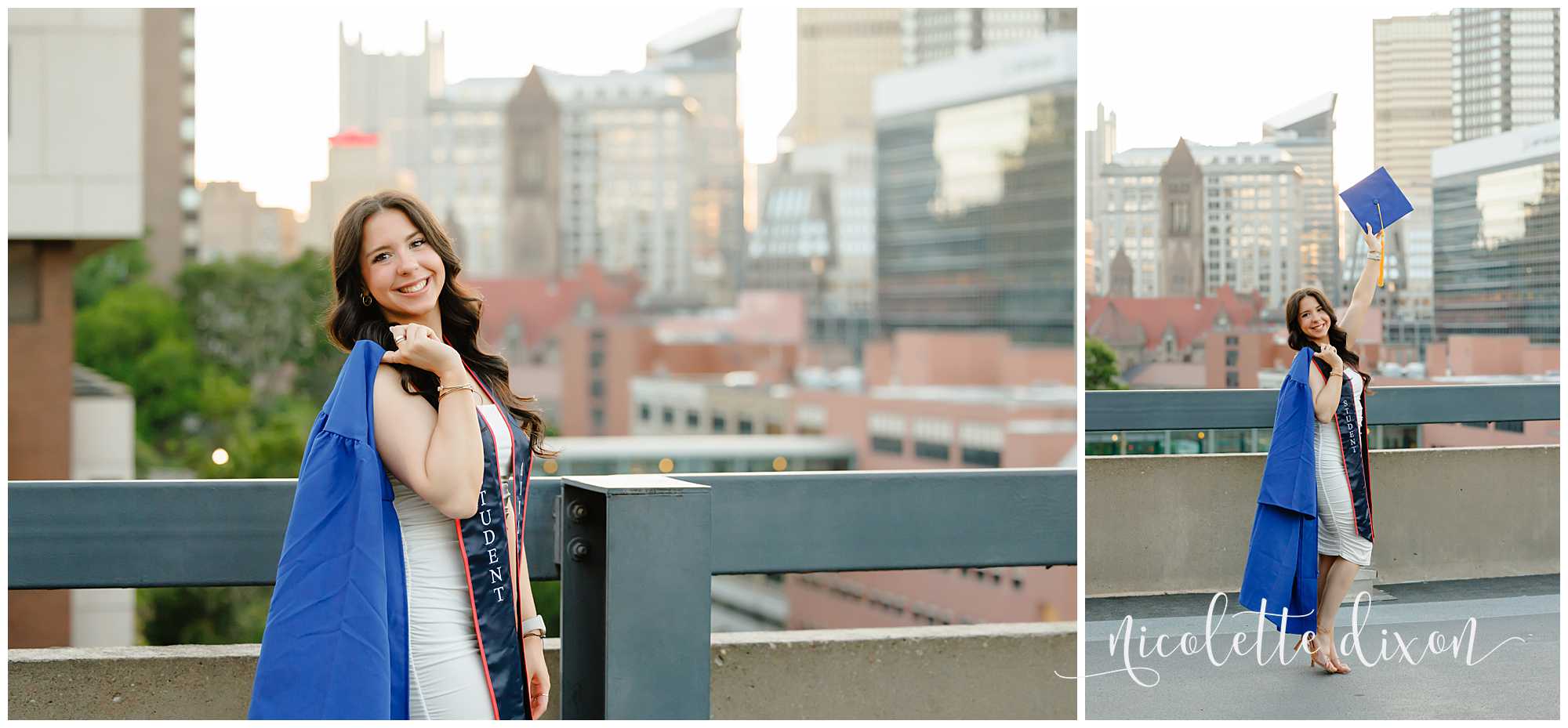 College Graduate Holding Gown over Shoulder in front of City Skyline at Duquesne University Campus in Pittsburgh