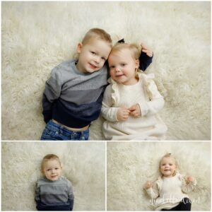 Brother and sister laying on rug in studio in North Fayette Township near Pittsburgh.